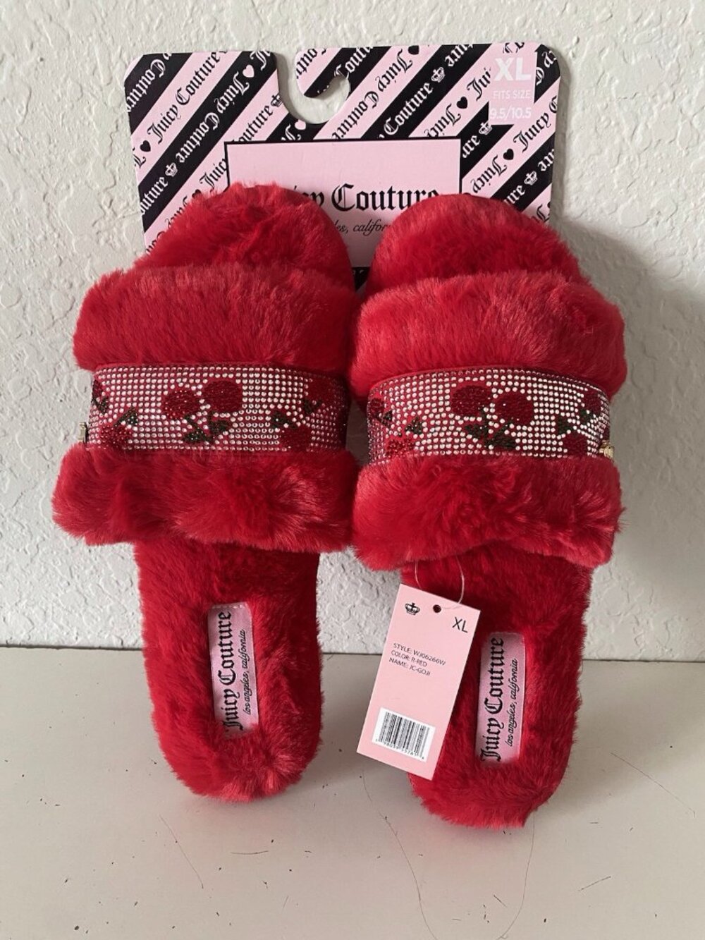 Juicy Couture GOJI Red Cherry Slippers Slides Rhinestones Faux‎ Fur XL 9.5/10.5